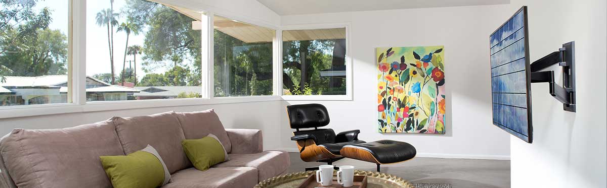 Full-motion TV mount in living room